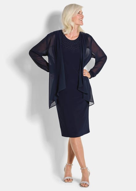 Goldner Jurk met chiffon omslag Elegante jerseyjurk met chiffonjasje