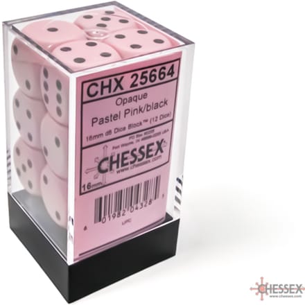 Chessex 12 x D6 Set Opaque Pastel 16mm - Pink/Black