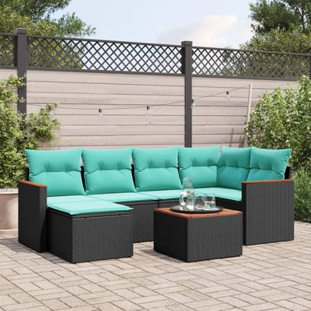 vidaXL - 7-delige - tuinbankset - met - kussens - van - zwart - polyrotan