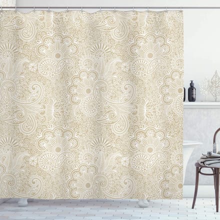 ABAKUHAUS Henna Douchegordijn, Natuur Geïnspireerd Kunst-Motief, Stoffen Badkamerdecoratieset met Haken, 175 x 200 cm, Wit en Lichtbruin