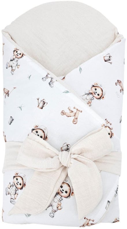 Printed Cotton and Muslin Swaddle Blanket with Coconut Gardener Bear