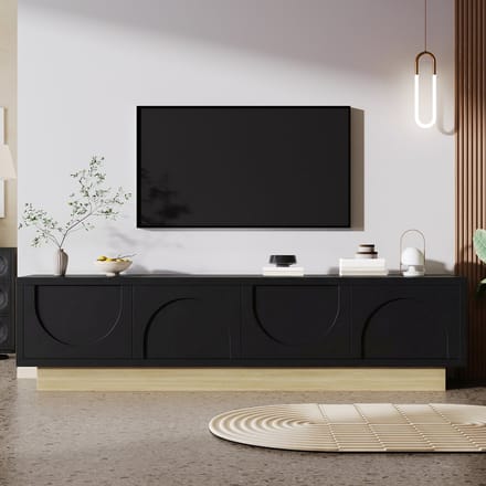 TV Meubel 175 cm – TV Kast met Opbergruimte en Kabelmanagement – Hout – Zwart – Modern Design – Minimalistisch Design – Hoogglans