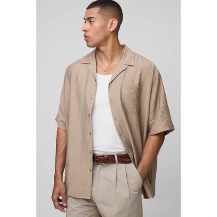 Oversized Half Sleeve Crinkle Viscose Shirt | Taupe | Size Medium