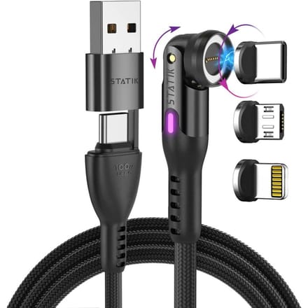 Statik 360 Pro Universeel Magnetisch oplaadkabel - 100W - 480 Mbps Data Transfer - 1m - Nylon Gevlochten - Zwart