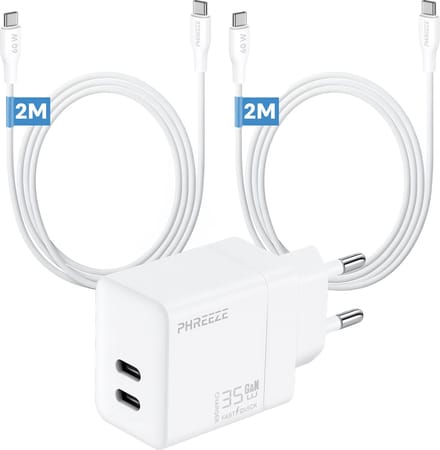 Phreeze usb C oplaadset 35w - GaN charger met 2x usb C naar usb C kabels 2m - Snellader voor telefoon en tablet