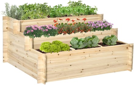 Outsunny Verhoogde Plantenbak van Dennenhout - Moestuinbak met 3 Niveaus - Kweekbak voor Tuin en Balkon - Naturel