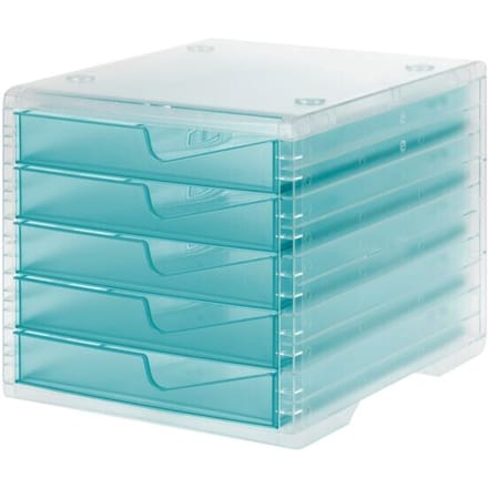 Ladebox styro® styroswing light, 5 laden, uittrekstop & verzonken greep, stapelbaar, B 270 x D 340 x H 255 mm, polystyreen, transparant-aqua