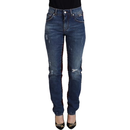 Versleten Denim Jeans Rood Zwart Ruit