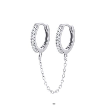 Twice As Nice Oorbel per stuk in zilver, 2 oorringen aan ketting, zirkonia