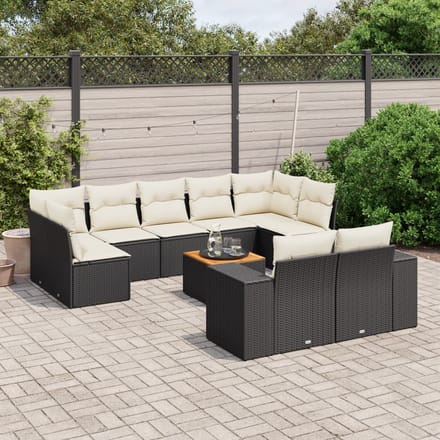 vidaXL - 10-delige - Loungeset - met - kussens - poly - rattan - zwart