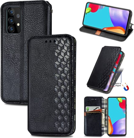 Luxe PU Lederen Ruitpatroon Wallet Case + PMMA Screenprotector voor Galaxy A52 (4G/5G) / A52s 5G _ Zwart