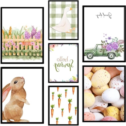 Poster Set - Wanddecoratie Prints - Woonkamer Decoreren - Set van 7 - 30x40 cm & A4 - Vrolijk Pasen