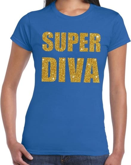 Super Diva gouden glitter tekst t-shirt blauw dames - dames shirt Super Diva S