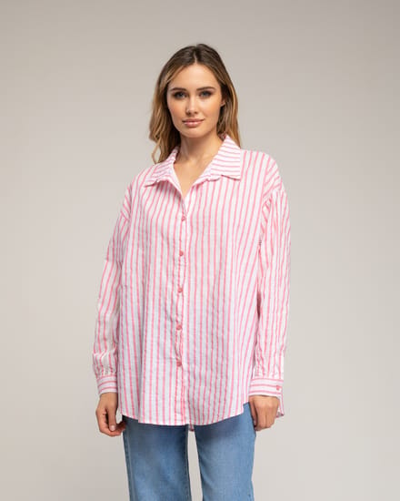 Losvallende gestreepte blouse met geschulpte rand aan de mouw