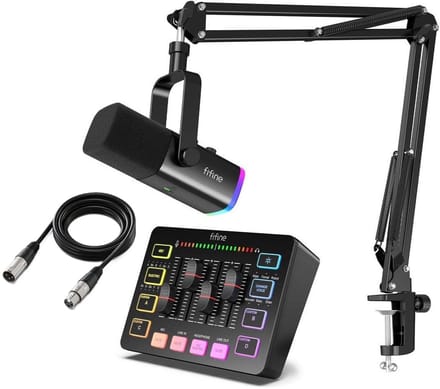 FIFINE - Starterspack 2.0 - AM8T & SC3 - Podcast Starterspack - Gaming Streaming - USB RGB Microfoon met Boom Arm - Streaming Deck - DJ Mixer - Incl XLR Kabel 3M