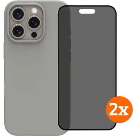 BlueBuilt Back Cover iPhone 16 Pro Grijs + Privacy Filter Screenprotector Glas Duo Pack
