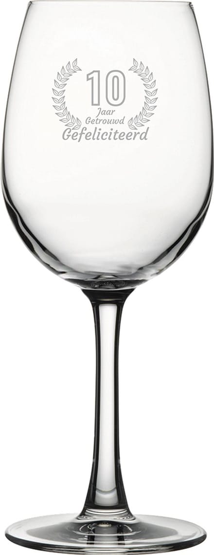 Gegraveerde witte wijnglas 36cl Gefeliciteerd 10 jaar getrouwd