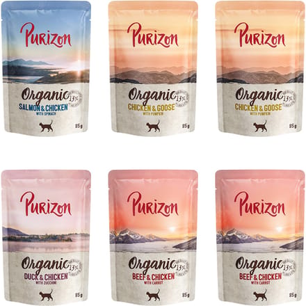 Purizon Organic Bio 6 x 85 g - Mixpakket: (2x Kip, 2x Rund, 1x Zalm, 1x Eend)