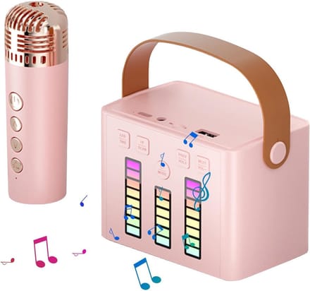 Karaokemachine voor kinderen, luidsprekermicrofoonset, karaoke-microfoonmachine, draagbare karaoke-luidspreker met microfoon en draadloze verlichting, led-verlichting voor kinderen（Roze）