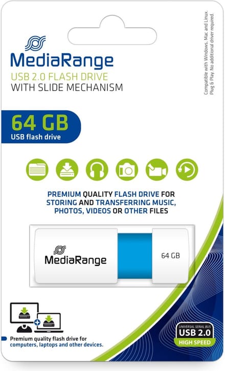 MediaRange | USB stick | 64 GB | USB 2.0 | Slider | Wit - Licht Blauw