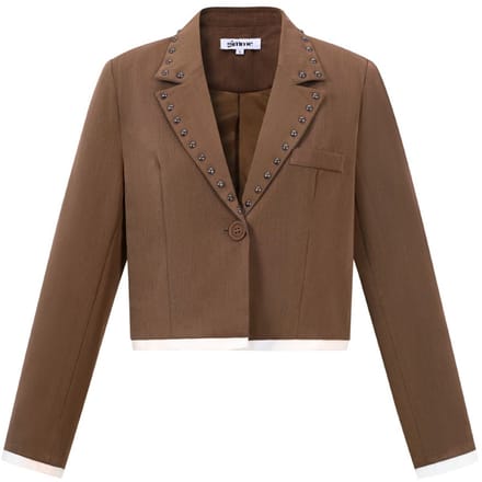Comfortabele Geweven Polyester Damesblazer met Studs en Contrasterende Randen - Bruin - Maat S