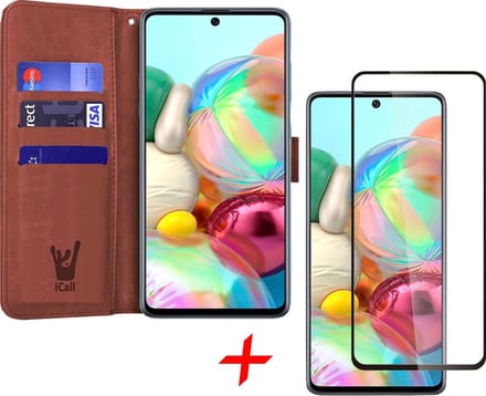 Hoesje geschikt voor Samsung Galaxy A71 - Screen Protector FullGuard - Book Case Kunstleer Pasjeshouder Bruin & Screenprotector