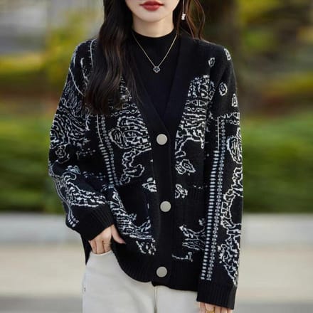 Pull Col V Jacquard Encre Vent Paresseux Femme Automne et Hiver Cardigan Tricoté Ample Veste Design XL noir