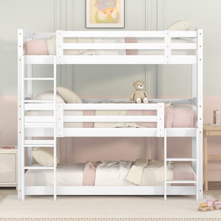 Wishdor Drievoudig Stapelbed 90x200 cm - 3 Slaapplaatsen & 2 Ladders - Grenenhout/MDF Wit - Drievoudig Stapelbed in Wit