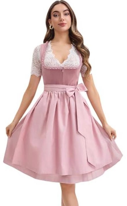 Midi Dirndl Dames van Fluweel met Schort voor Oktoberfest - Maten 34-44, Roze