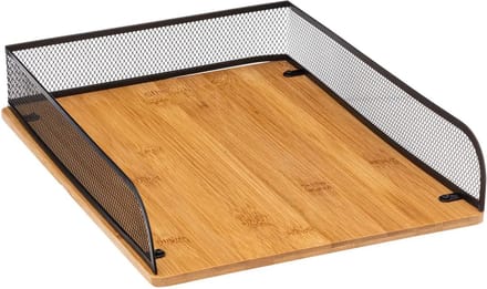 5Five kantoor brievenbak/postbakje A4 formaat - zwart mesh - bamboe hout