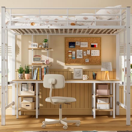 MODFU Kinder Stapelbed 90x200 cm – Met bureau, plank, zijladder & veiligheidshek – Metaal – Wit