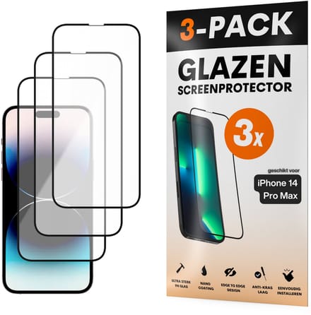 Screenprotector - Geschikt voor iPhone 14 Pro Max - Gehard Glas - Full Cover Tempered Glass - Case Friendly - 3 Pack