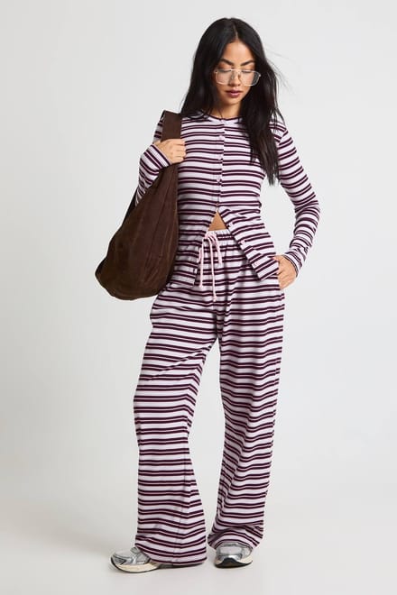 boohoo Dames Gestreepte rib broek met trekkoord | Roze | Maat: 34