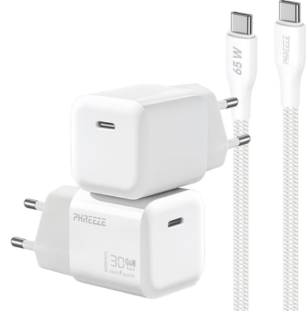 GaN usb C snellader 30w met usb C naar usb C kabel 1 meter - Gevlochten Wit