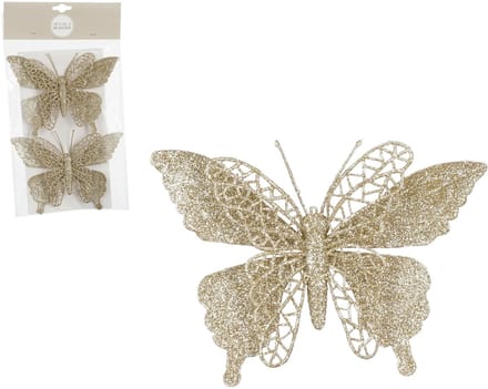 Kerstboomversiering Vlinder - 2x stuks - 12 cm - champagne glitter - op clip