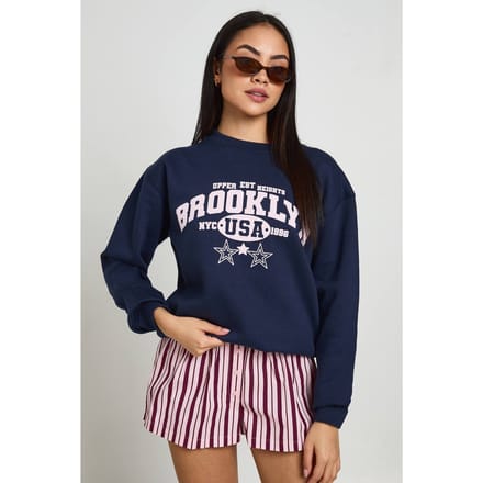 boohoo Dames Gewassen Brooklyn Bedrukt Sweatshirt | Navy | Maat: Medium