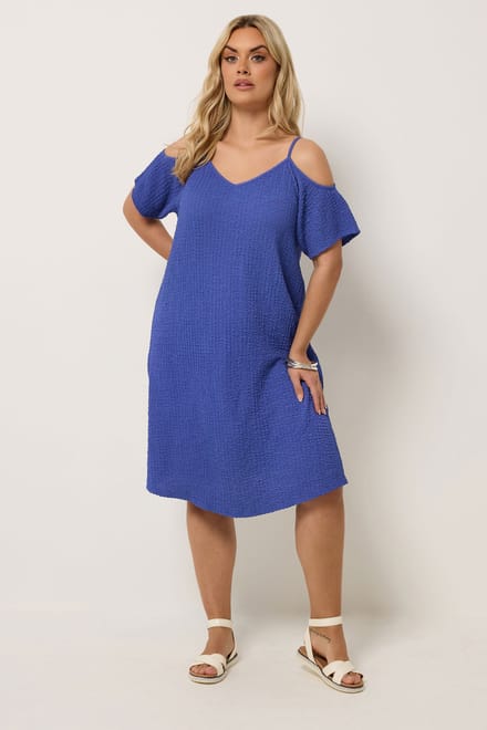 Yours Blauwe Textuurjurk Met Open Schouders Size 48