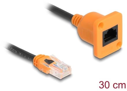 Delock D-Type RJ45 cable plug to jack Cat.5e UTP orange / black 30 cm