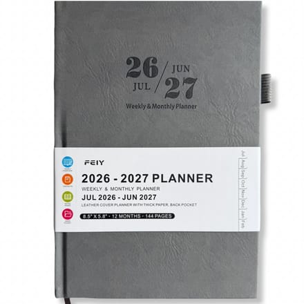 Feiy Grey Agenda - 2026-2027 - A5 formaat Schoolagenda - 1 week op 2 pagina's - Harde kaft - Met Elastiek