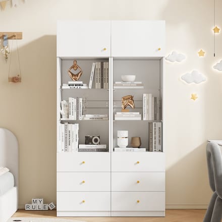 MODFU - Vitrinekast - Verstelbare Glasplanken En Laden - Modern - MDF En Glas - Wit - 50 x 40 x 180 cm