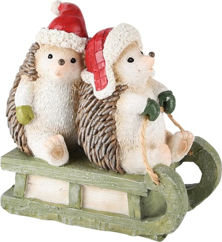Dekoratief | Egels op slee m/kerstmuts, resina, 14x8x14cm | A235898