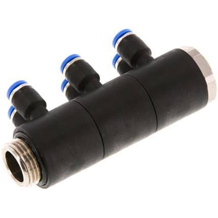4mm x G3/8'' 6-way Manifold Messing/PA 66 Insteekfitting Buitendraad Draaibaar NBR