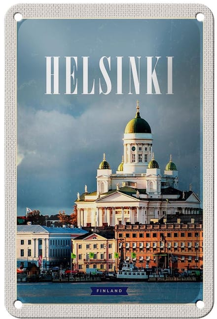 Blechschild Reise 12x18cm Helsinki Finnland Meer Stadt Kirche Schild