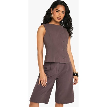 boohoo Dames Linnen Asymmetrisch Getailleerde Weste | Chocoladebruin | Maat: 34
