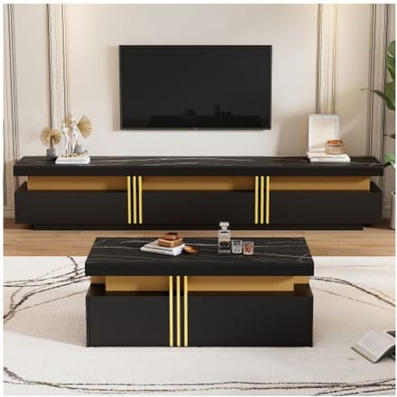 Ensemble mural TV noir, ensemble mural TV pour le salon, table basse + support TV, ensemble armoire multifonctionnel noir