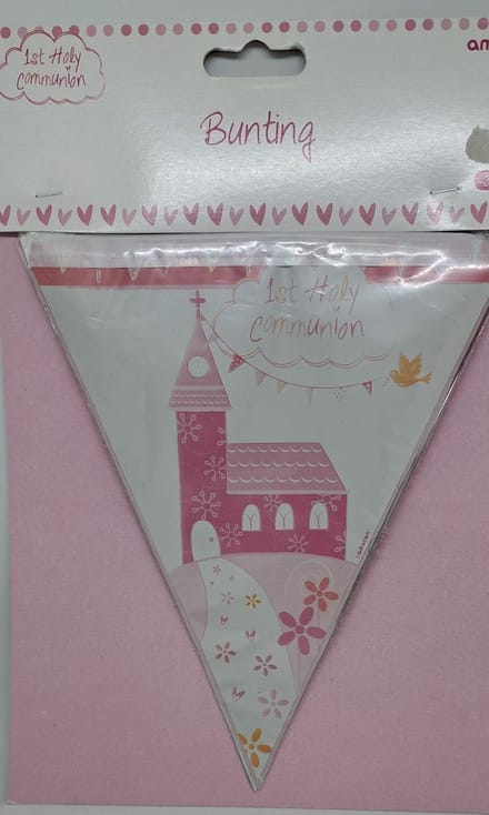 eerste Heilige communie puntvlagslinger roze amscan 3,90 meter