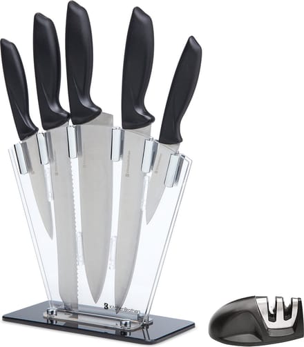 KitchenBrothers Messenset - Messenblok - 7-Delig - met Messenslijper - RVS/Zwart