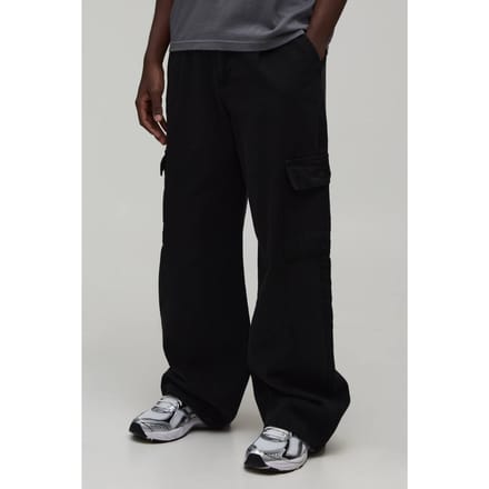 Broek met brede pasvorm, half & half tailleband, cargozakken en gewassen twill | Black | Size Medium