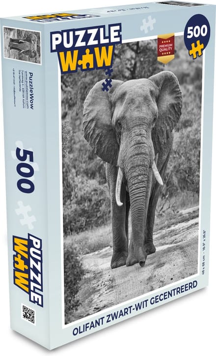 Puzzel Olifant zwart-wit gecentreerd - Legpuzzel - Puzzel 500 stukjes