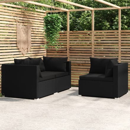 vidaXL - 3-delige - Loungeset - met - kussens - poly - rattan - zwart